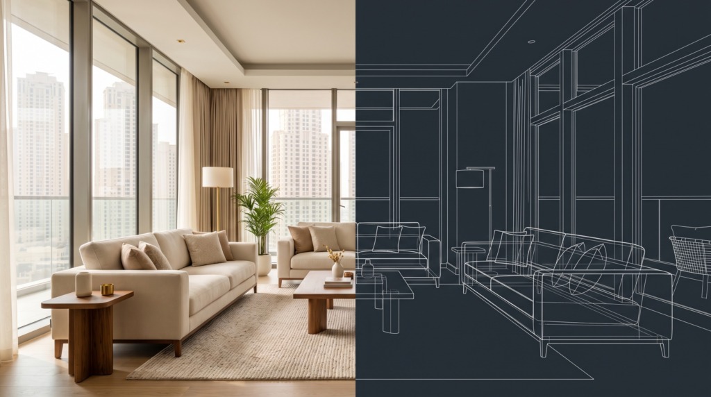 How to read a floor plan: a Dubai living room shown half as a photo and half as a line drawing
