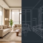 How to read a floor plan: a Dubai living room shown half as a photo and half as a line drawing