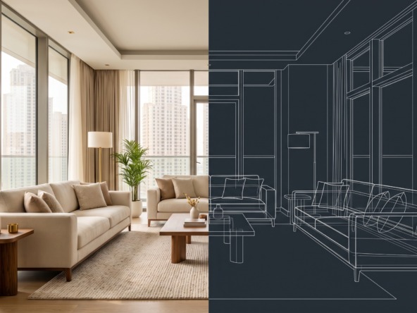 How to read a floor plan: a Dubai living room shown half as a photo and half as a line drawing