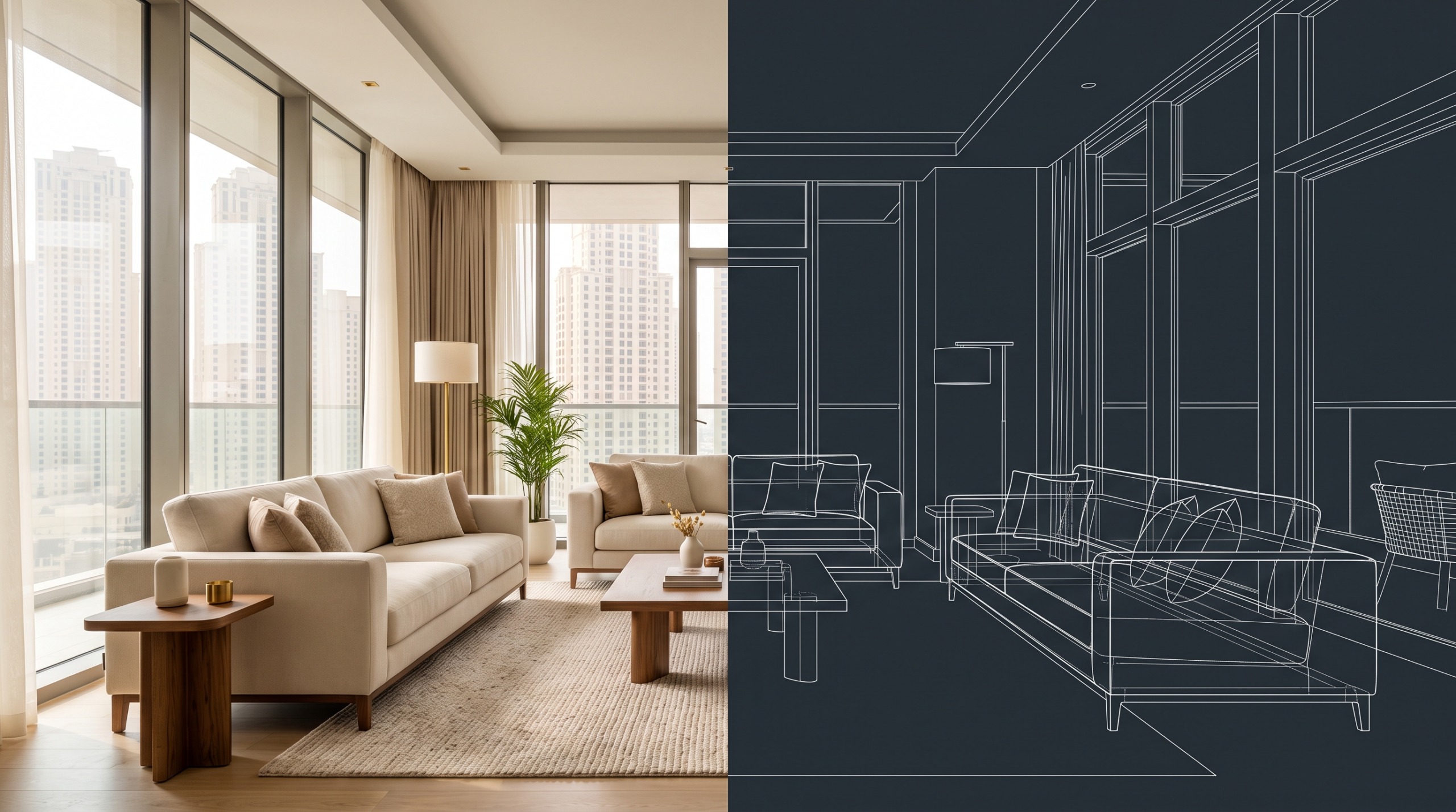How to read a floor plan: a Dubai living room shown half as a photo and half as a line drawing