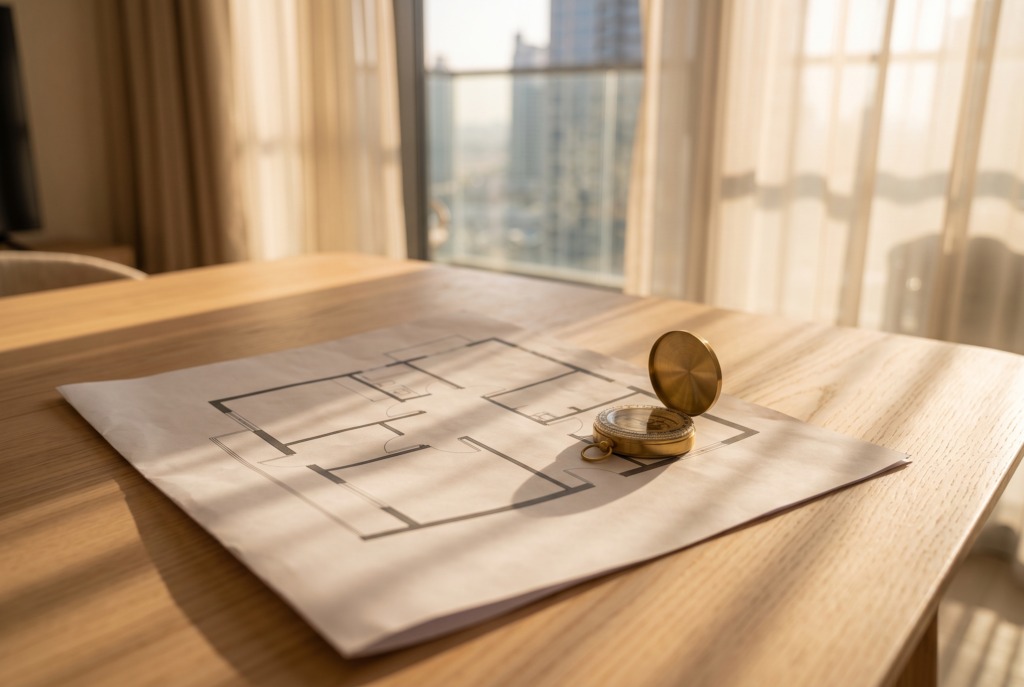 Floor plan and brass compass on a table, lit by sunlight from a window in a Dubai apartment