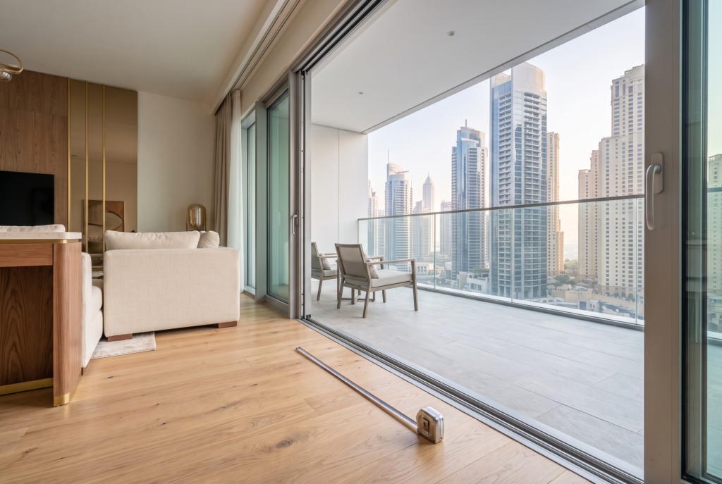 Living room with an oak floor opening to a large balcony, with a tape measure where the inside area ends