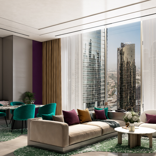 "Spacious living area of a 2BHK apartment with modern design and luxurious finishes by Kingdom by MAG."